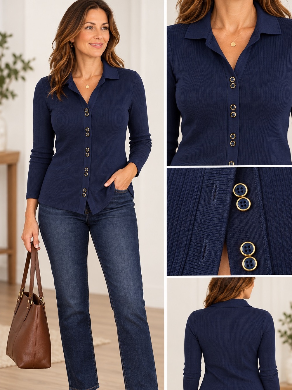 Lands’ End Women’s Size SM Navy Polished Rib Button Front Tunic Top Gold Buttons